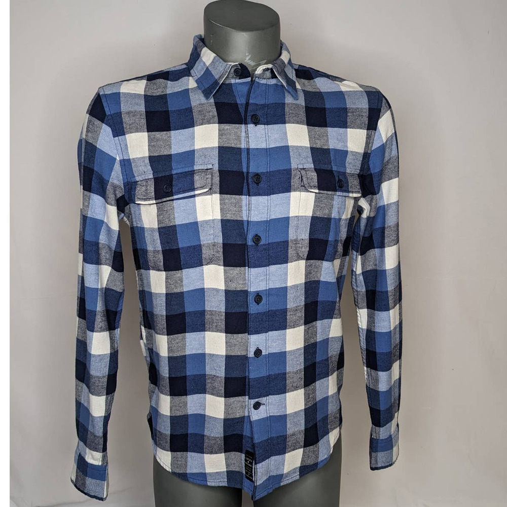 NWT Lucky Brand Plaid Flannel Button Shirt Mens Navy White Long Sleeve Small
